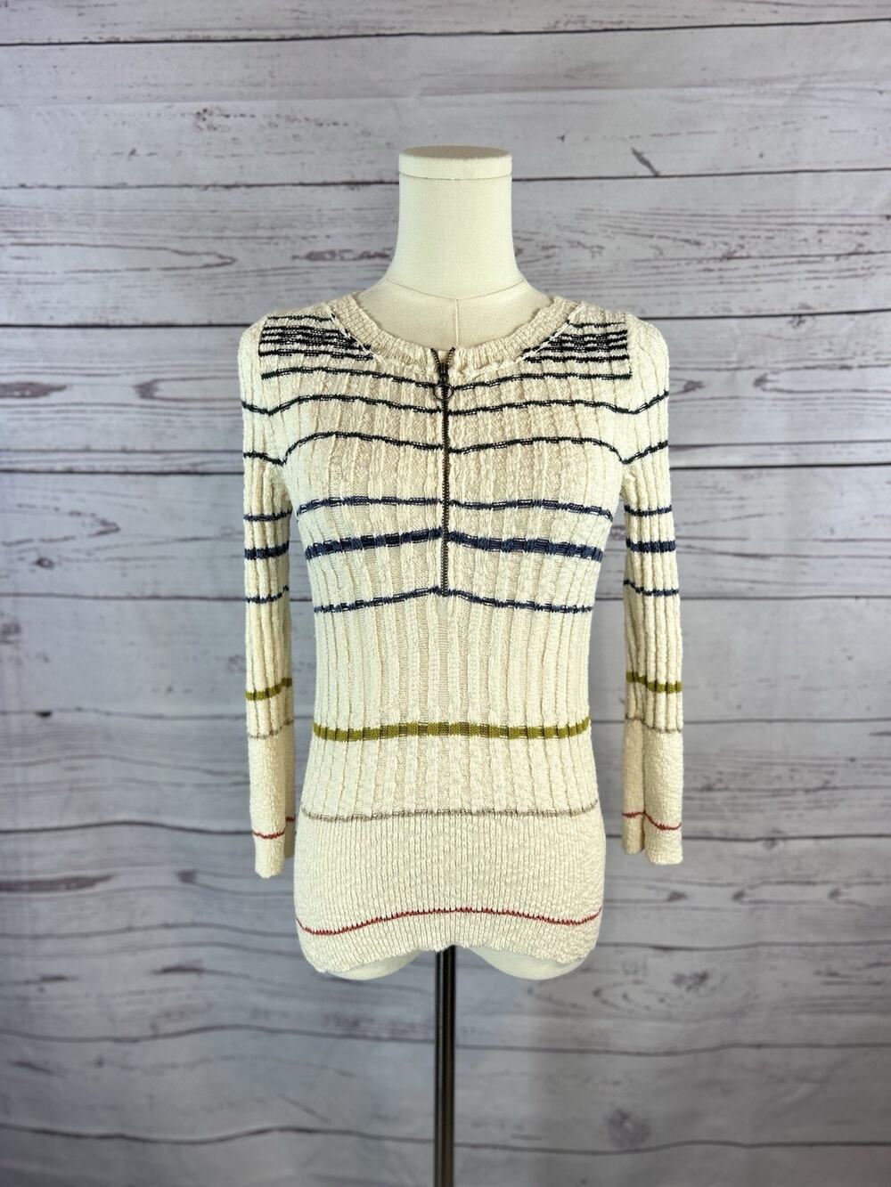 Free People Rossi Ribbed Striped Half Zip Pullover Sweater XS Cream Stretch Knit
